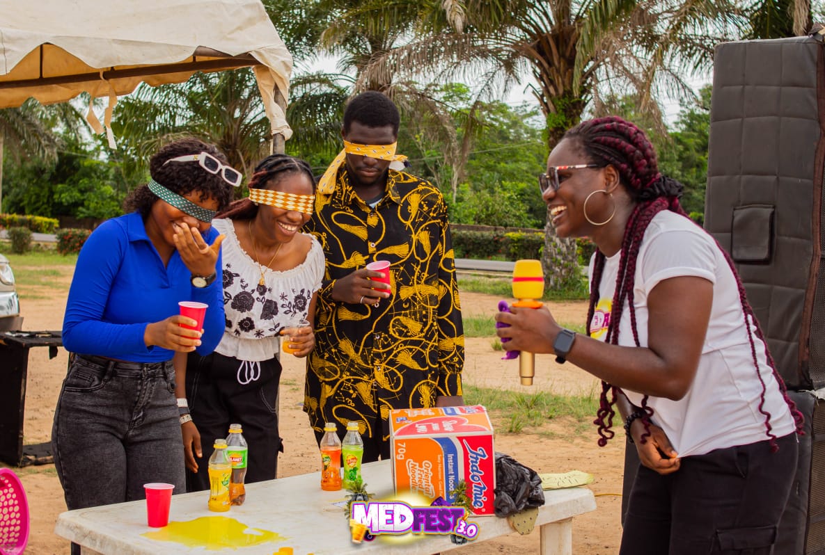 Guests playing a blindfold game